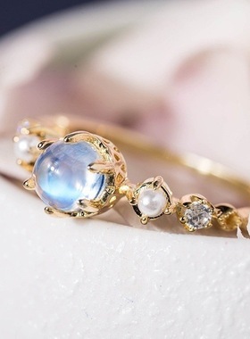 POLYSUTT热卖新款白色仿月光石珍珠戒指 欧美女镀24k黄金订婚指环