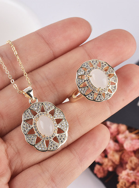传承古法老金工艺饰品 仿和田白玉吊坠 奢华满钻微镶开口戒指套装