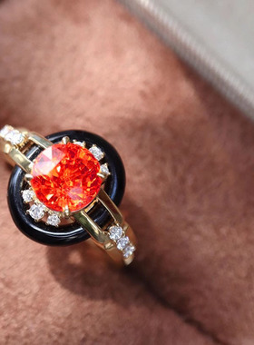 vintage中古珠宝芬达石戒指法式复古重工镀金黑玛瑙古董彩宝戒指
