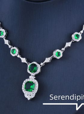 POLYSUTT重工设计仿天然祖母绿项链女高定绿色宝石晚装链吊坠套链