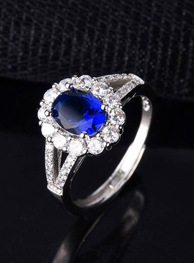 直播爆款新款镶嵌蓝宝石群镶戒指奢华祖母绿仿真钻石订婚开口女戒