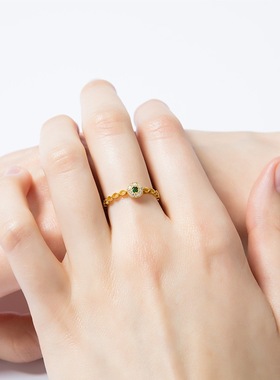 镀18K黄金镶钻沙漠之心指环 欧美复古绿宝石镂空花纹微镶锆石戒指