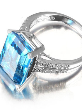 镀白金仿托帕石海蓝宝石戒指 镶嵌方形克拉彩色宝石锆石婚戒指环