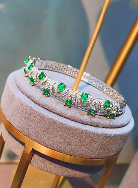 直播新款仿莫桑比克红宝石手镯 微镶满钻祖母绿彩宝手环红钻镯子