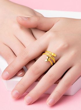 越南沙金镀黄金色戒指 双圈蝶恋花活口指环玫瑰之约戒子女款礼物