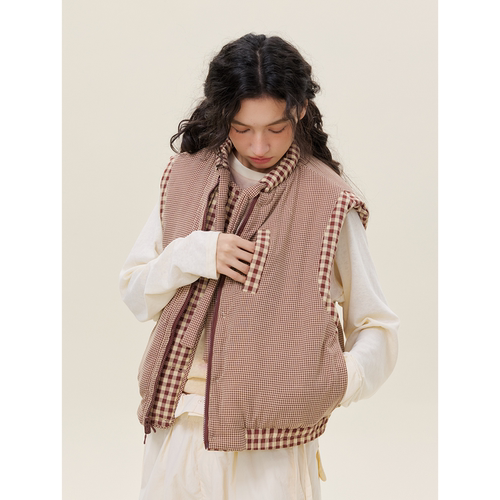 mostwanted 格纹双面穿绑带棉服马甲女款25新款冬季棉背心 - 图1