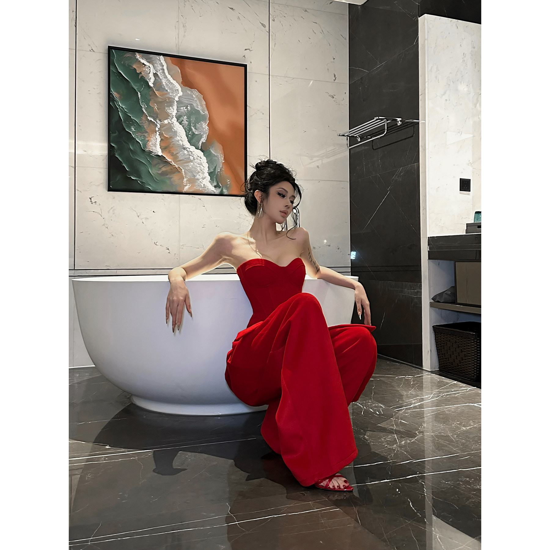 FORNIS 鱼骨修身抹胸上衣套装显瘦阔腿长裤F25B50063+F25K50064,淘宝优惠券,粉丝福利购,淘宝优惠卷