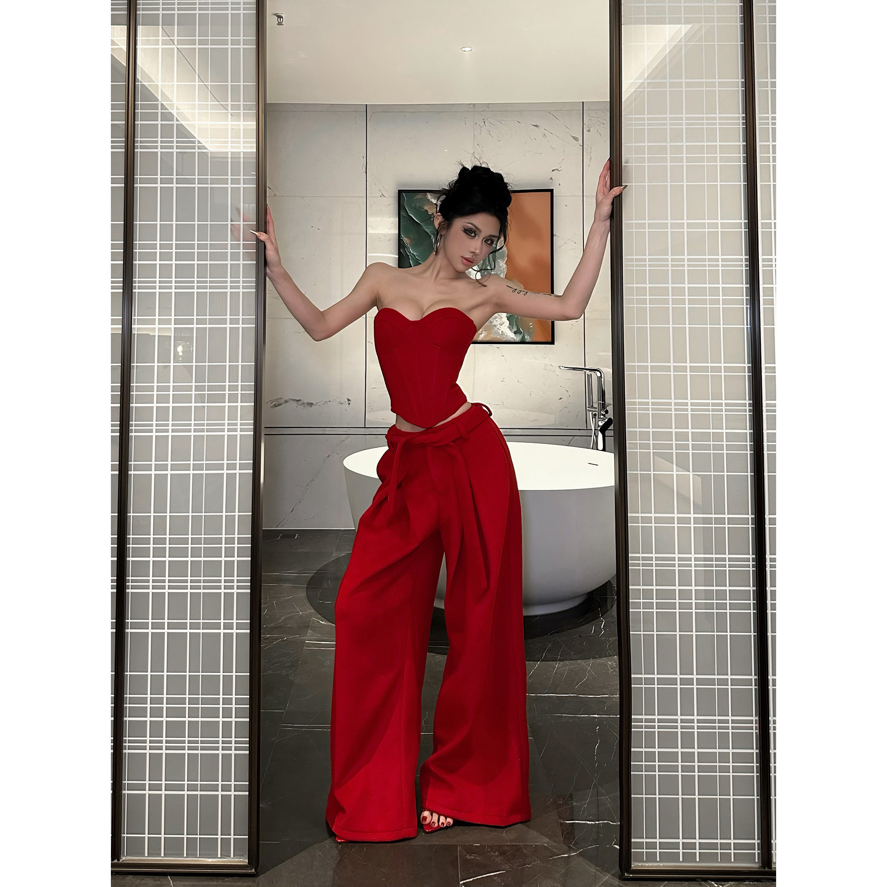 FORNIS 鱼骨修身抹胸上衣套装显瘦阔腿长裤F25B50063+F25K50064,淘宝优惠券,粉丝福利购,淘宝优惠卷