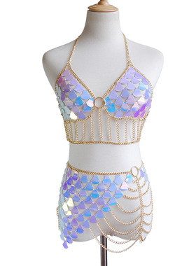 新款欧美跨境爆款 性感夸张金属露背身体链套装 鱼鳞亮片沙滩腰链