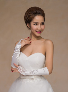 白色蕾丝手套新娘手套无指小花平板绣花缝珠手袖婚纱礼服婚庆手套