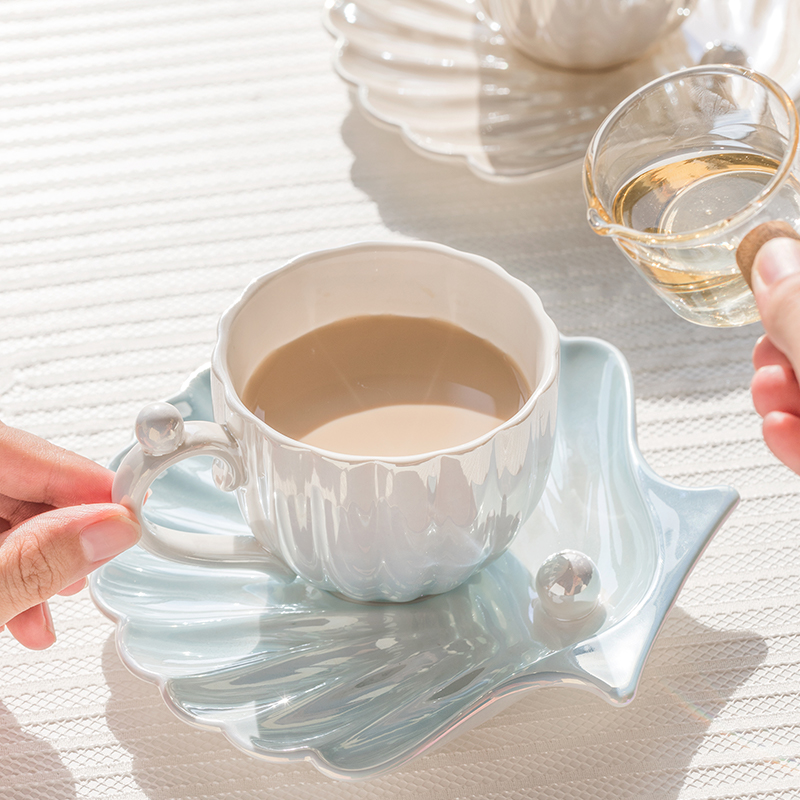 ins贝壳陶瓷马克杯女咖啡水杯家用珍珠杯碟套装高颜值茶杯子设计