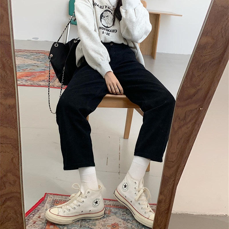 黑色直筒夏季新款胖mm高腰牛仔裤 樱米萱牛仔裤