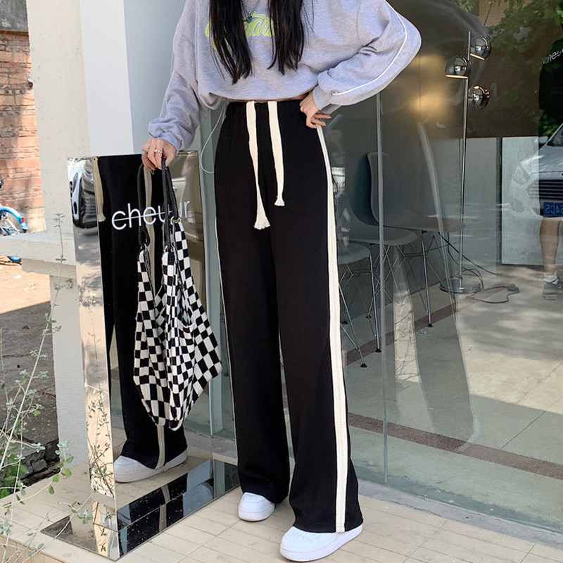 黑色抽绳运动冬加厚条纹直筒阔腿裤 樱米萱休闲裤