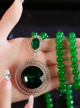 新款绿水晶圆形毛衣链女网红爆款时尚高端长款挂件精美毛衣链女