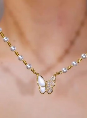 超仙蝴蝶珠珠项链女网红爆款轻奢气质百搭小众设计感精美时尚项链