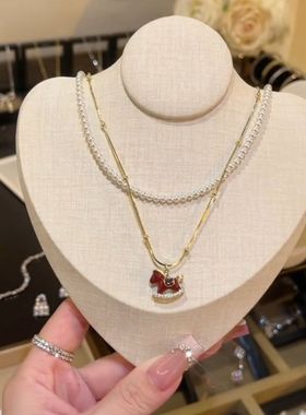 轻奢双层红色小马串珠项链女