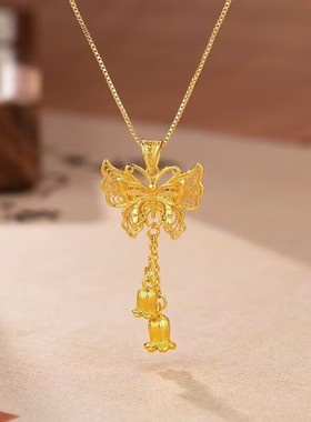 中国风金色蝴蝶铃铛花镂空流苏项链女网红爆款小众设计感精美项链