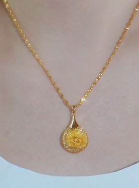 高级感金色玫瑰花圆形吊坠项链