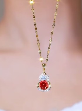 中国风红色玫瑰花葫芦项链