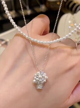 高级感轻奢双层银色珠珠篮子项链