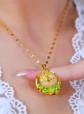 新款绿色金丝网状圈圈吊坠项链女网红爆款轻奢气质小众设计感项链