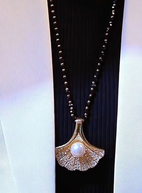 韩国银杏叶珍珠吊坠毛衣链女秋冬新款网红爆款轻奢气质百搭项链女