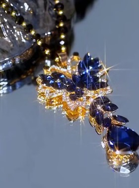 韩版水晶蓝色蝴蝶吊坠毛衣链女网红时尚简约精致百搭项链2022新款