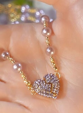 时尚紫色磁吸爱心珠珠项链高级感网红爆款轻奢小众设计感精致项链