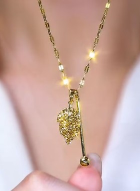 超闪满钻金色双层叶子项链网红爆款轻奢气质百搭小众设计感项链女