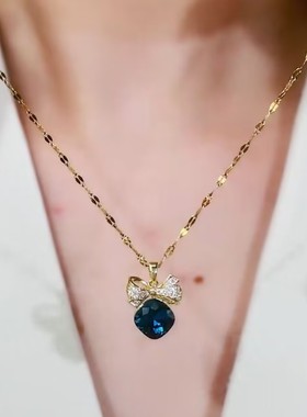 高级感蝴蝶结蓝色水滴吊坠项链女网红爆款小众设计感轻奢气质项链