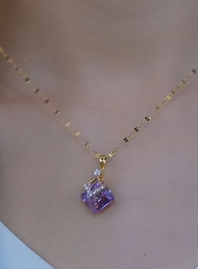 超闪菱形紫色水晶方糖项链网红女爆款小众设计精致轻奢气质项链女