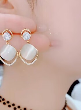 韩国网红猫眼石几何菱形耳环