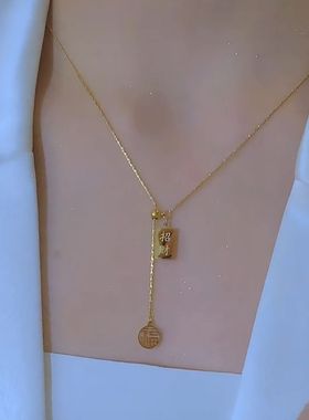 超闪招财纳福方砖金条福字项链女可抽拉式流苏抖音爆款闺蜜项链女