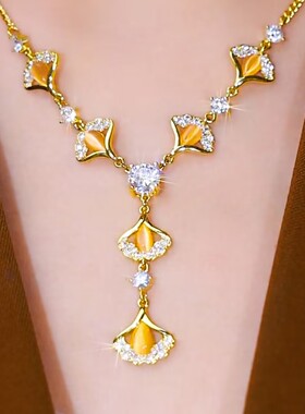 超仙金色三生有杏银杏叶项链女网红爆款个性设计感小众百搭项链女