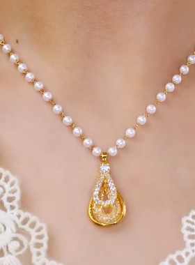 超仙金色水滴珠珠项链女网红爆款轻奢气质小众设计气质精美项链女