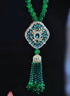 时尚祖母绿串珠水晶项毛衣链网红爆款长款吊坠百搭配饰品毛衣链女