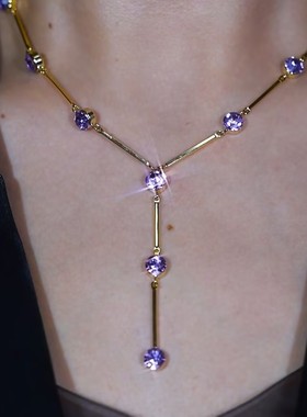 日韩超闪紫色水钻项链女高级感轻奢小众设计感爆款时尚精美项链女