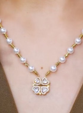 高级感四叶花锆石珍珠项链女时尚设计感网红百搭配饰项链2024新款