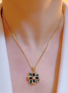 高级感复古立体蓝色花朵项链网红爆款轻奢气质百搭锁骨链2023新款