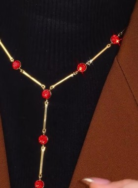 超闪红色Y形流苏项链女时尚小众设计感长款挂件配饰精美毛衣链女