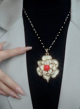 韩版长款牡丹花朵满钻吊坠毛衣链女轻奢项链时尚百搭立体配饰挂件