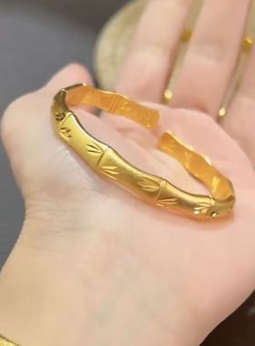 古法传承竹节手镯女开口磨砂镯子黄金色网红爆款轻奢气质百搭手镯