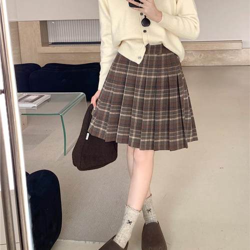 美式复古格子百褶裙学院风半身裙女冬款大码设计感中长款a字裙子 - 图0