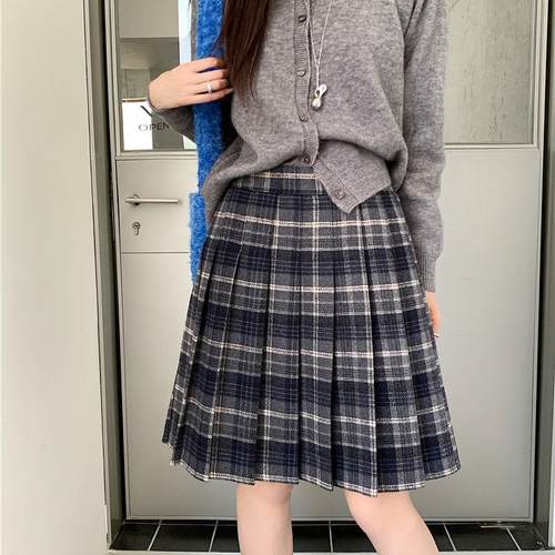 美式复古格子百褶裙学院风半身裙女冬款大码设计感中长款a字裙子 - 图1