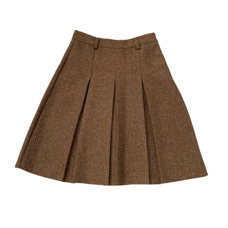 复古学院感百褶毛呢半身裙大码咖格纹中裙女两面穿文艺高腰a字裙