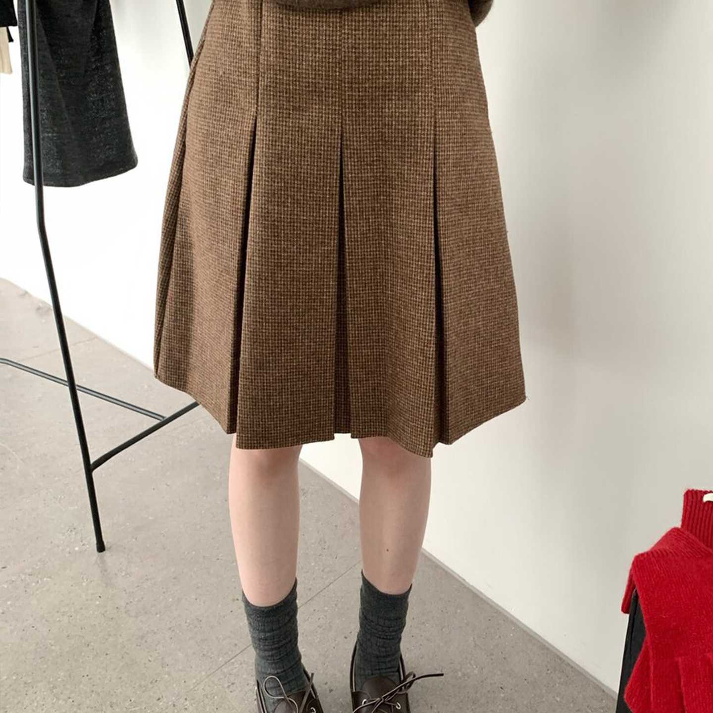 复古学院感百褶毛呢半身裙大码咖格纹中裙女两面穿文艺高腰a字裙