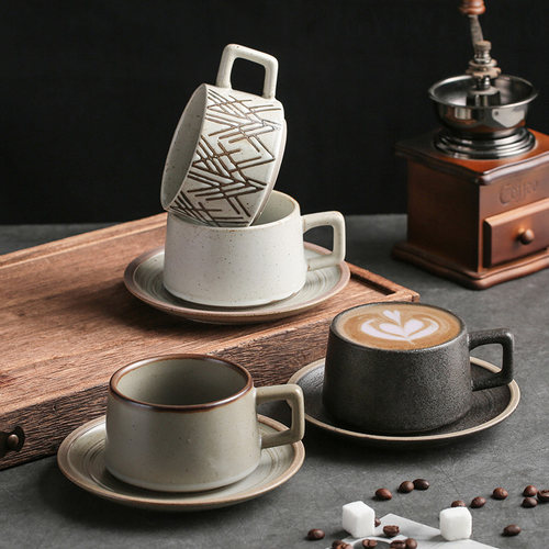 粗陶餐具杯碟套装日式复古小精致拿铁咖啡杯家用早餐杯下午茶茶具 - 图1
