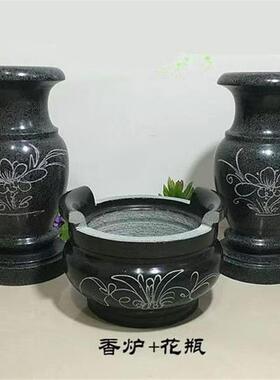 惠安石雕天然青石寺庙祠堂户外供奉带耳朵石头圆香炉烛台花瓶摆件