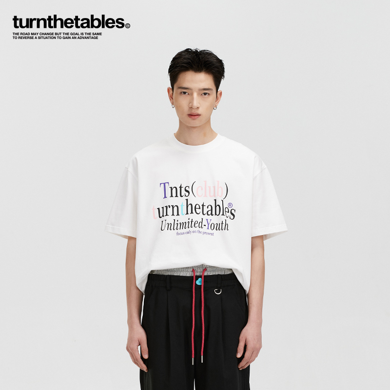 Turnthetables拼色字母印花短袖潮牌美式宽松T恤重磅纯棉半袖男装 - 图1