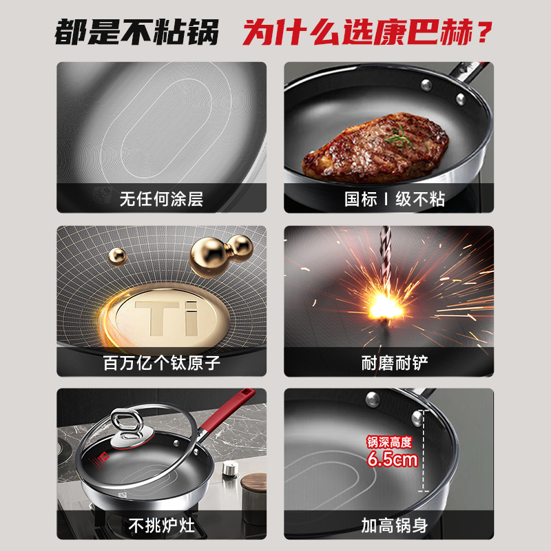 康巴赫平底锅煎锅不粘锅家用真钛抗菌不锈钢无涂层三代炒菜牛排锅 - 图3